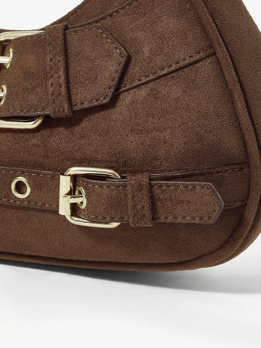Maëlle Coffee Suede-Look Shoulder Bag – Gold-Tone Buckles — Buckle and fabric detail