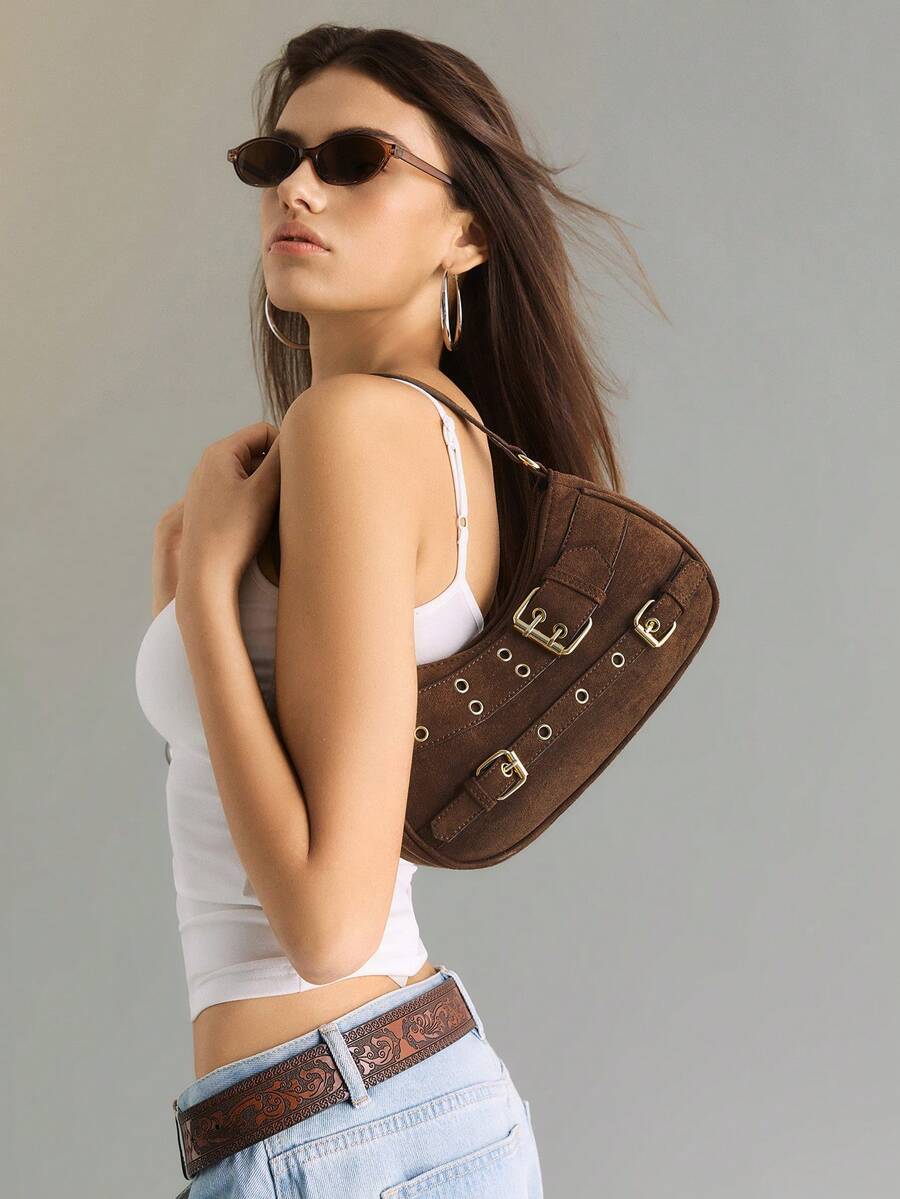 Maëlle Coffee Suede-Look Shoulder Bag – Gold-Tone Buckles — Worn on the shoulder
