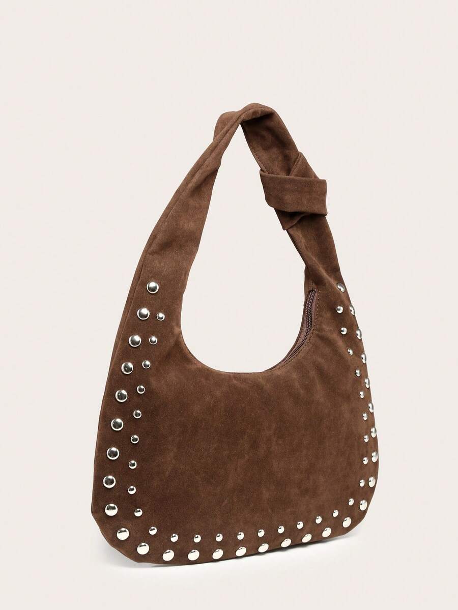 Marceau Brown Studded Hobo Bag – Suede-Look Crescent Handbag — Three-quarter view