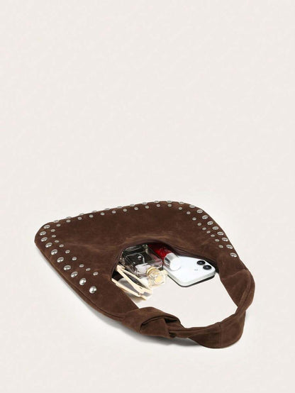 Marceau Brown Studded Hobo Bag – Suede-Look Crescent Handbag — Open interior; accessories not included