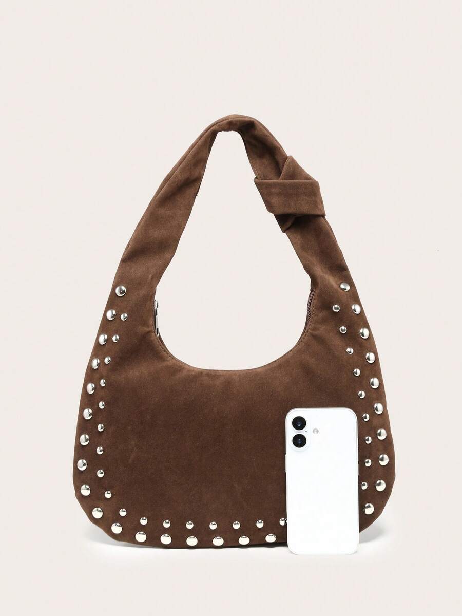 Marceau Brown Studded Hobo Bag – Suede-Look Crescent Handbag — Size shown beside a phone; phone not included