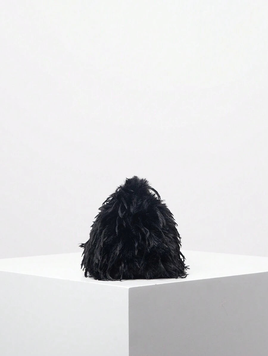 Noélie Black Faux Fur Clutch – Soft Textured Evening Bag — Side profile