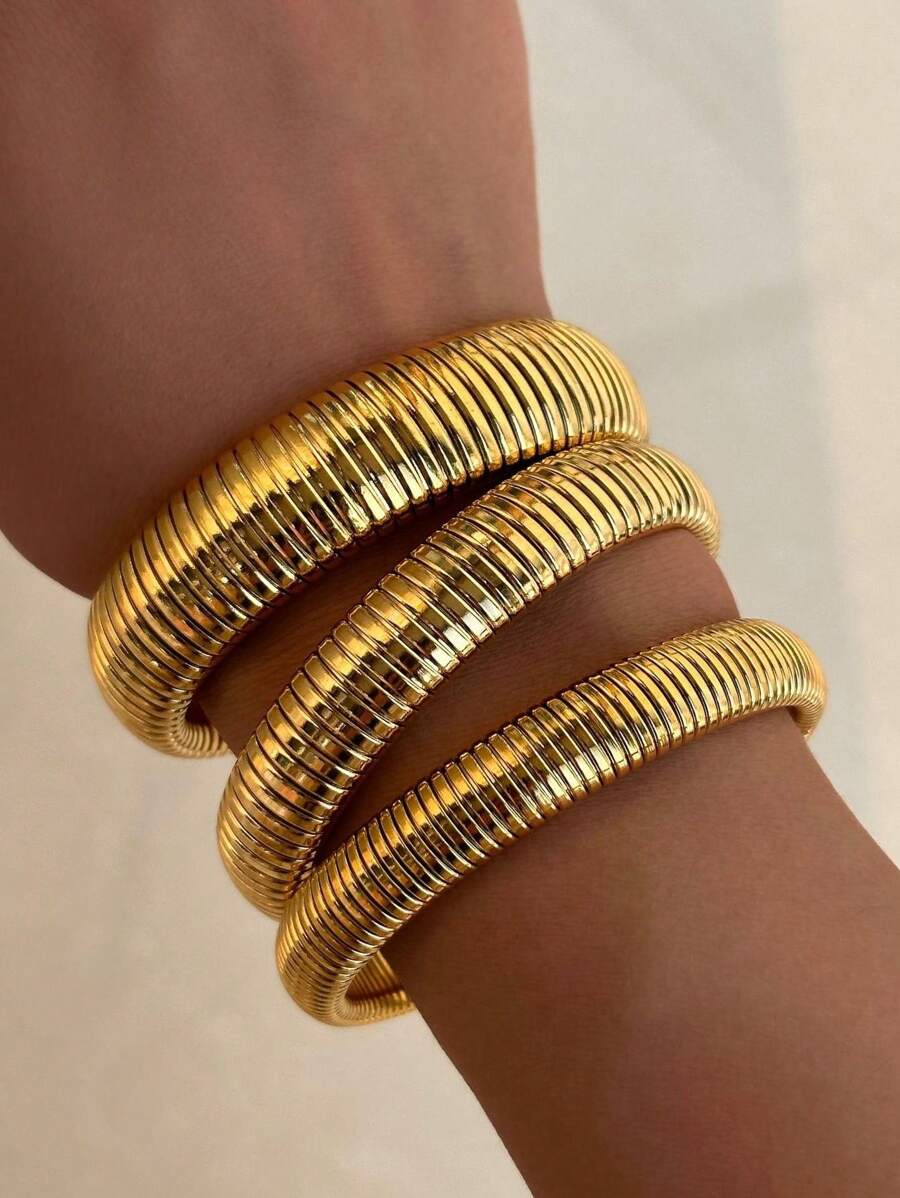 Ondine 18K Gold-Plated Ribbed Bangle – Stainless Steel Bracelet — Width options shown worn; each bracelet sold individually