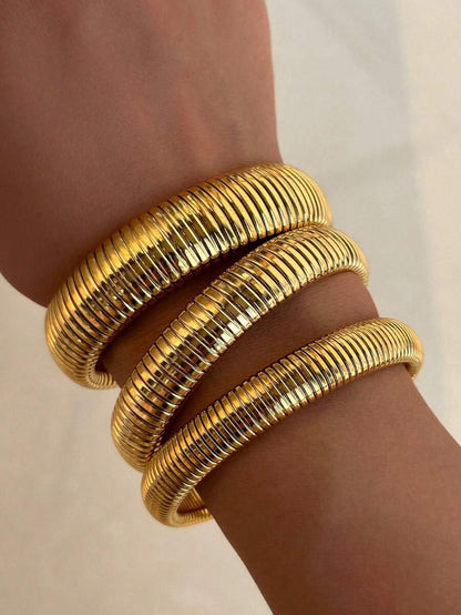 Ondine 18K Gold-Plated Ribbed Bangle – Stainless Steel Bracelet — Width options shown worn; each bracelet sold individually