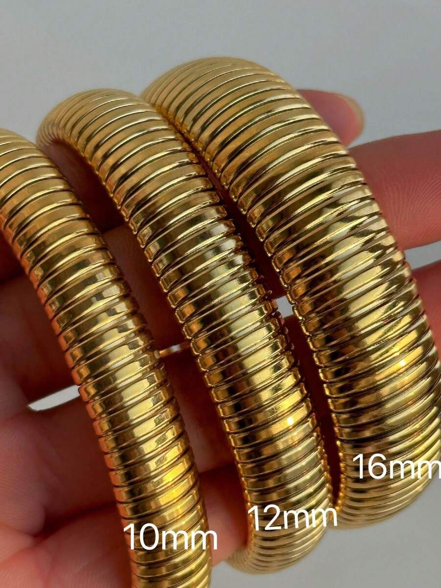 Ondine 18K Gold-Plated Ribbed Bangle – Stainless Steel Bracelet — Comparison of 10 mm, 12 mm and 16 mm widths; sold individually