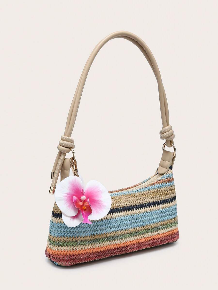 Orchidée Striped Shoulder Bag – Woven Texture & Flower Detail — Three-quarter view