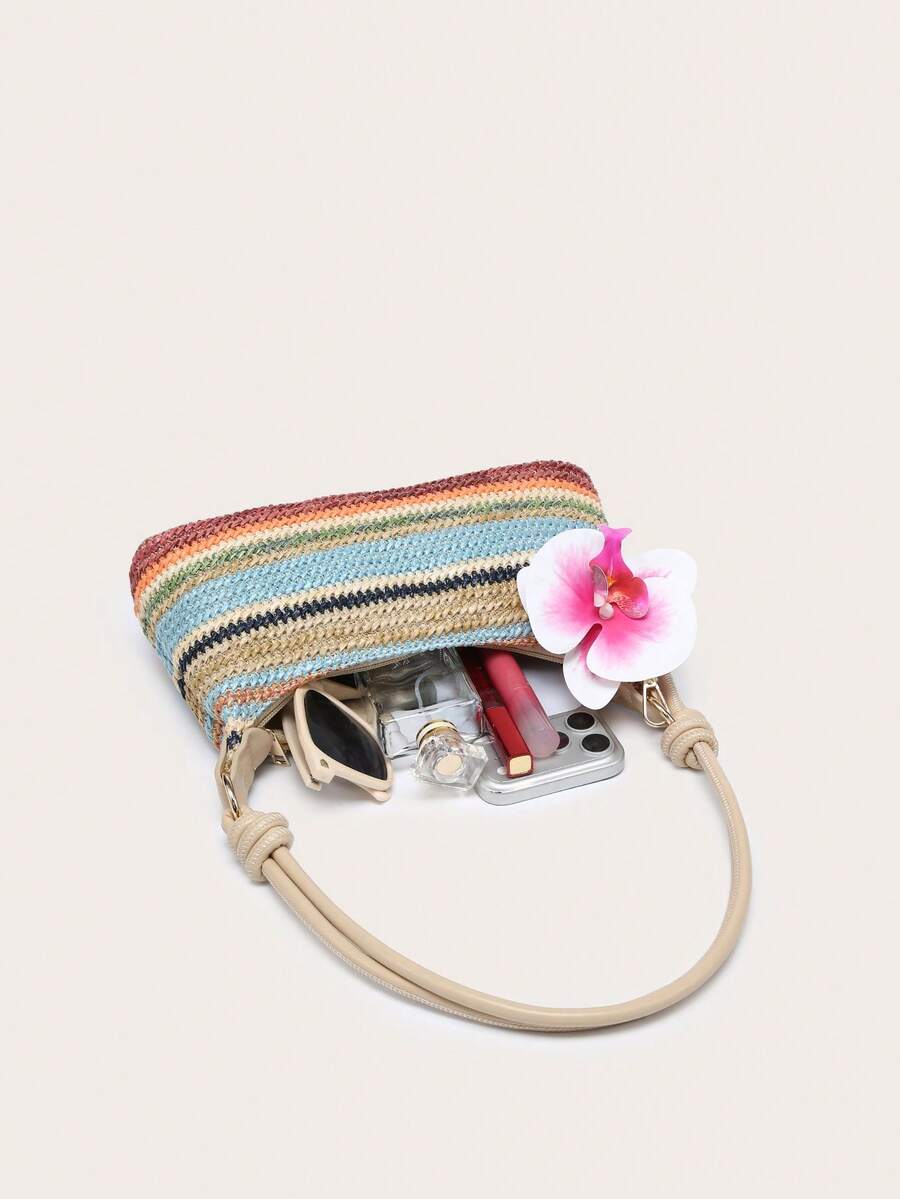 Orchidée Striped Shoulder Bag – Woven Texture & Flower Detail — Open interior; accessories not included