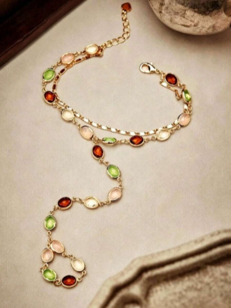 Paloma Multicolour Beaded Hand Chain – Gold-Tone Finger Bracelet — Hand chain laid out