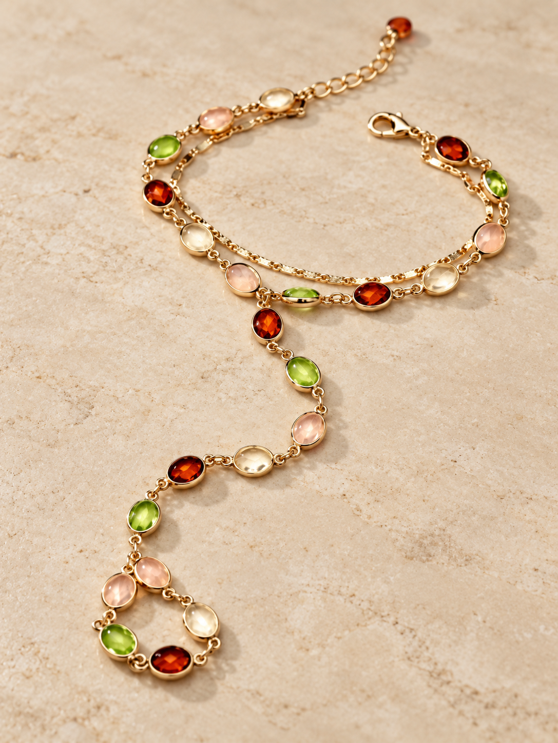 Paloma Multicolour Beaded Hand Chain – Gold-Tone Finger Bracelet — Oblique view of the complete hand chain