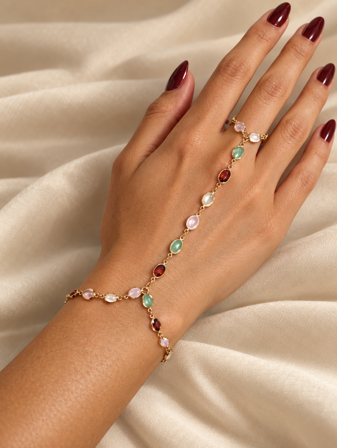 Paloma Multicolour Beaded Hand Chain – Gold-Tone Finger Bracelet — Hand chain worn from a three-quarter angle