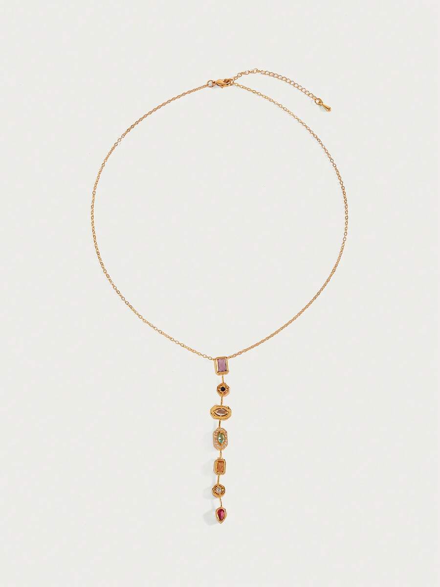 Prismée 18K Gold-Plated Pendant Necklace – Multicolour Geometric Drop — Complete necklace laid out