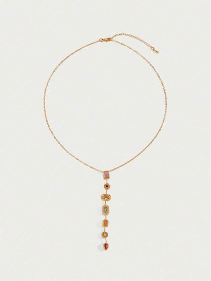 Prismée 18K Gold-Plated Pendant Necklace – Multicolour Geometric Drop — Complete necklace laid out