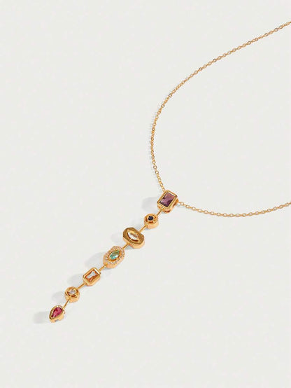 Prismée 18K Gold-Plated Pendant Necklace – Multicolour Geometric Drop — Diagonal pendant view