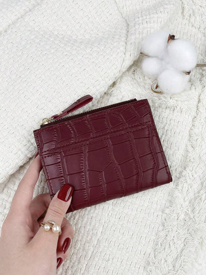 Ravelle Burgundy Croc-Effect Mini Wallet – Zip & Card Slots — Alternate exterior view