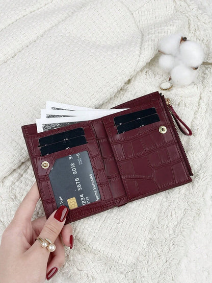 Ravelle Burgundy Croc-Effect Mini Wallet – Zip & Card Slots — Open wallet and card slots; cards not included