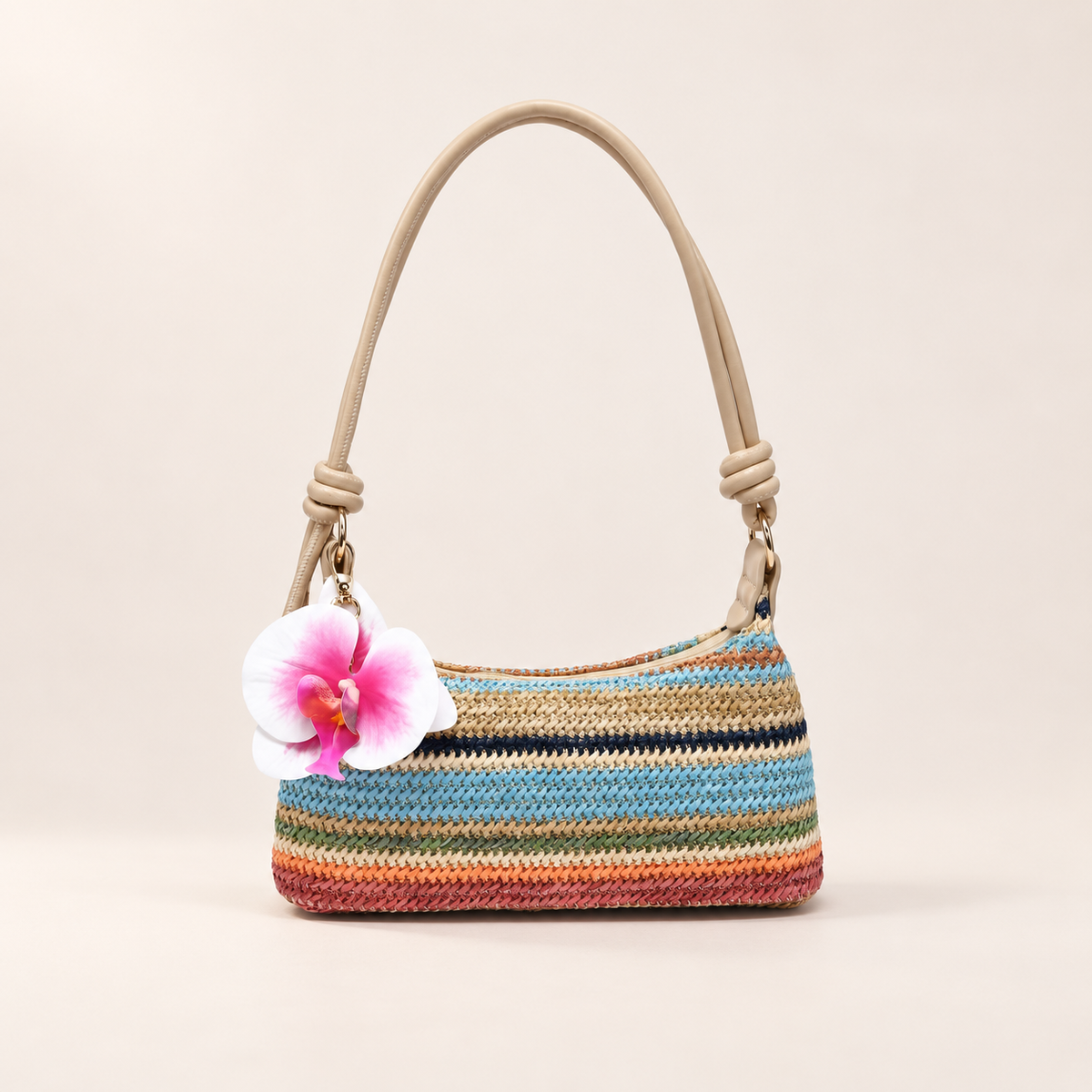 Orchidée Striped Shoulder Bag – Woven Texture & Flower Detail