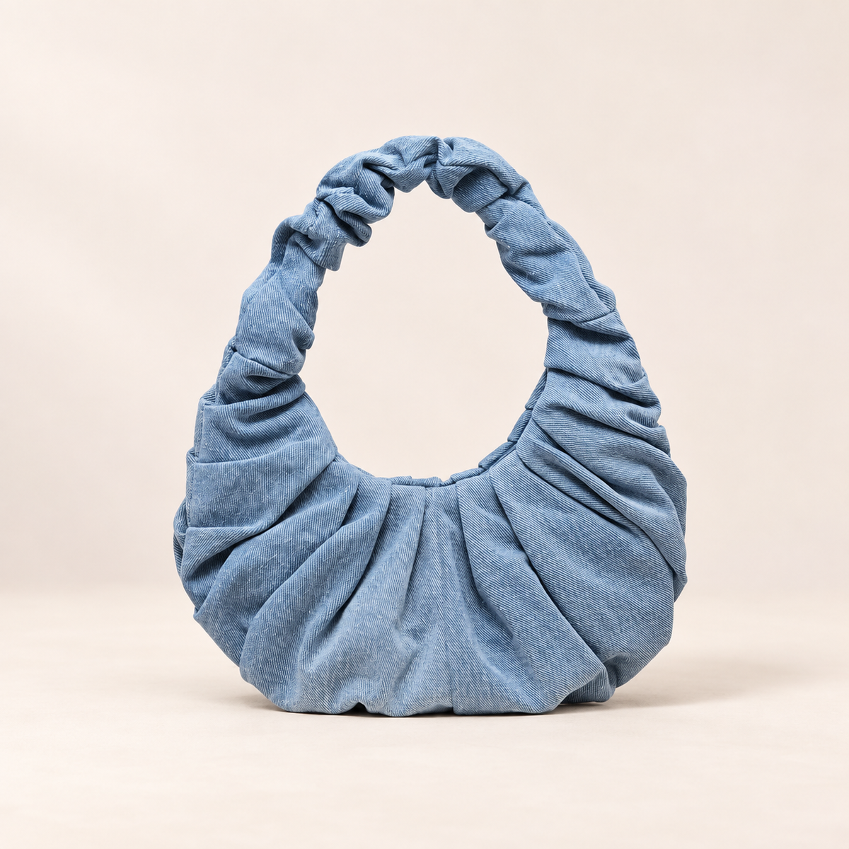 Ciel Blue Ruched Handbag – Denim-Look Crescent Top Handle Bag