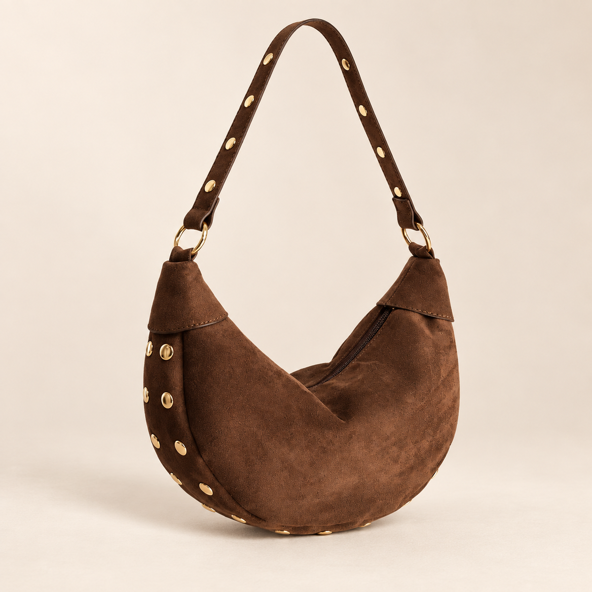 Lucette Coffee Suede-Look Hobo Bag – Gold-Tone Stud Details
