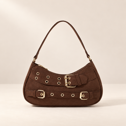 Maëlle Coffee Suede-Look Shoulder Bag – Gold-Tone Buckles