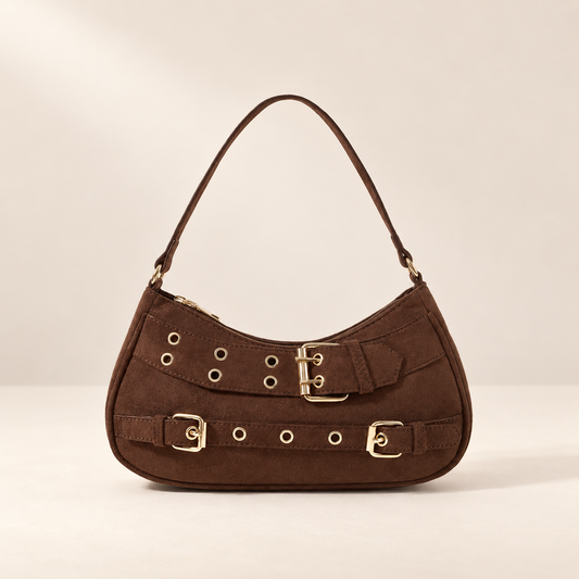 Maëlle Coffee Suede-Look Shoulder Bag – Gold-Tone Buckles