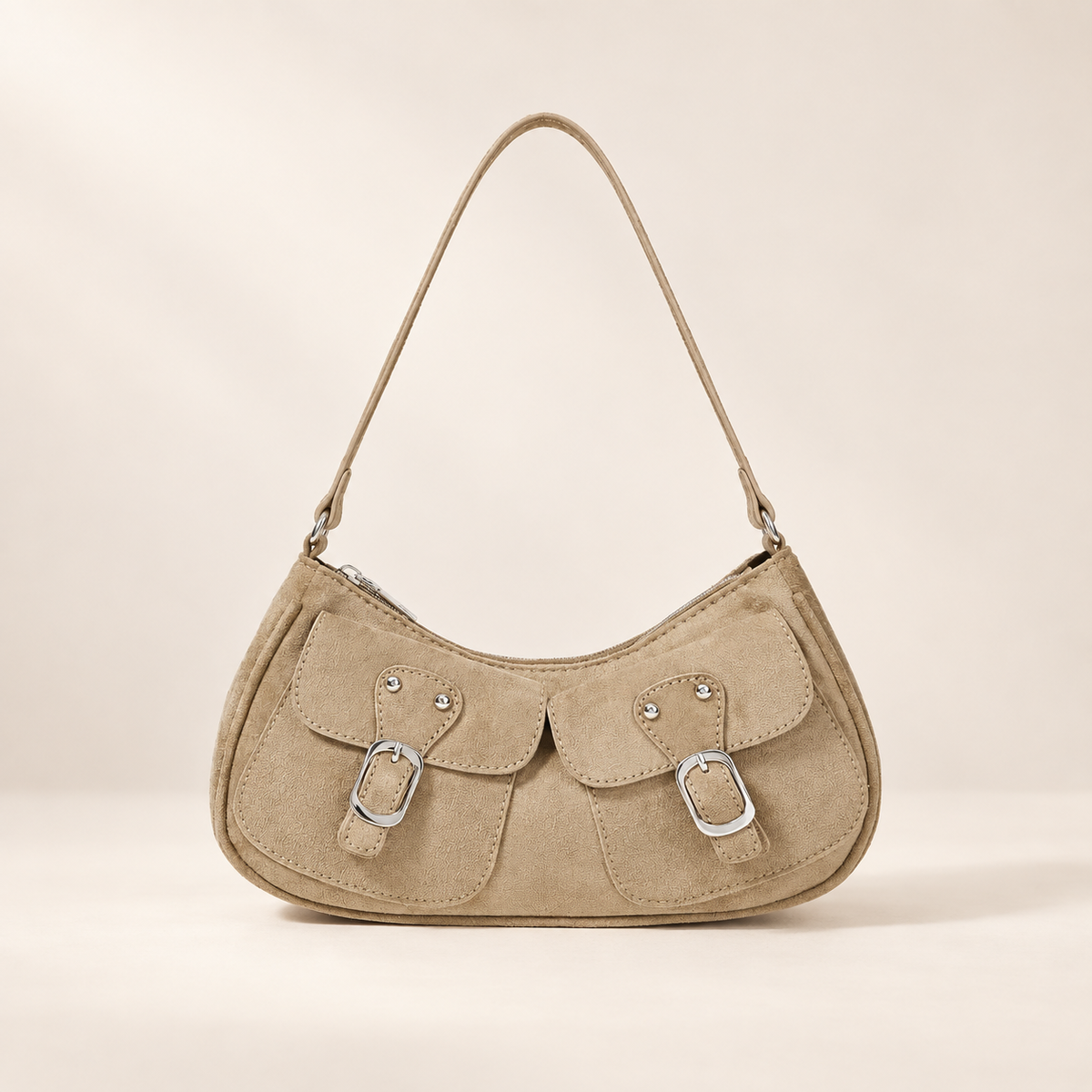 Sabine Khaki Suede-Look Shoulder Bag – Twin Buckle Details