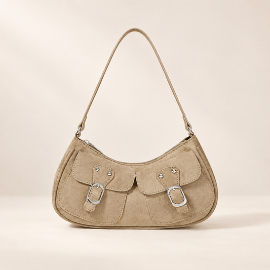 Sabine Khaki Suede-Look Shoulder Bag – Twin Buckle Details