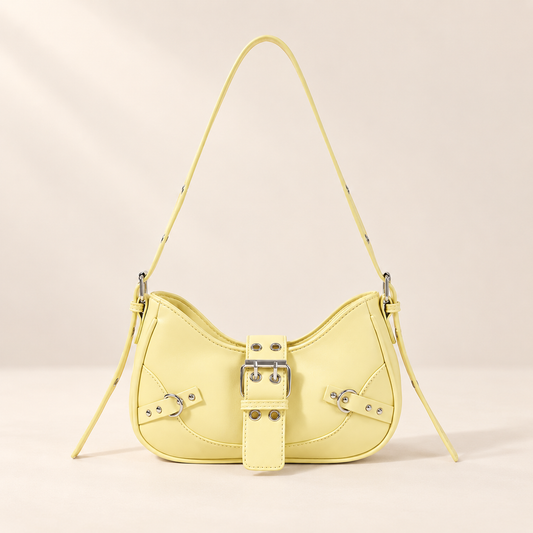 Citron Butter Yellow Shoulder Bag – Silver-Tone Buckle Design