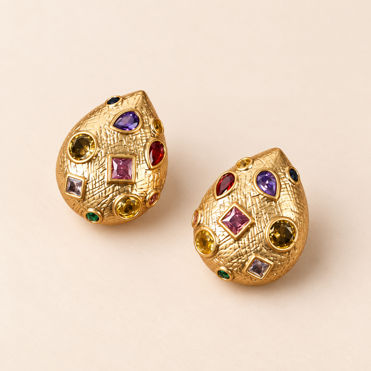 Bijou 18K Gold-Plated Stud Earrings – Textured Multicolour Pair