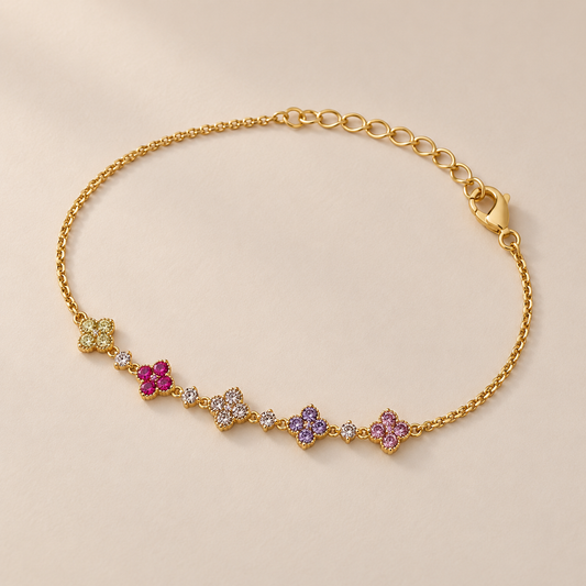 Fleurine 18K Gold-Plated Clover Bracelet – Multicolour Rhinestones