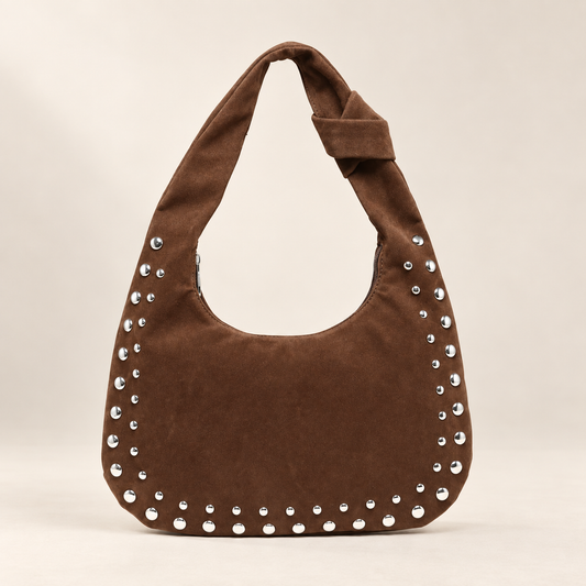 Marceau Brown Studded Hobo Bag – Suede-Look Crescent Handbag