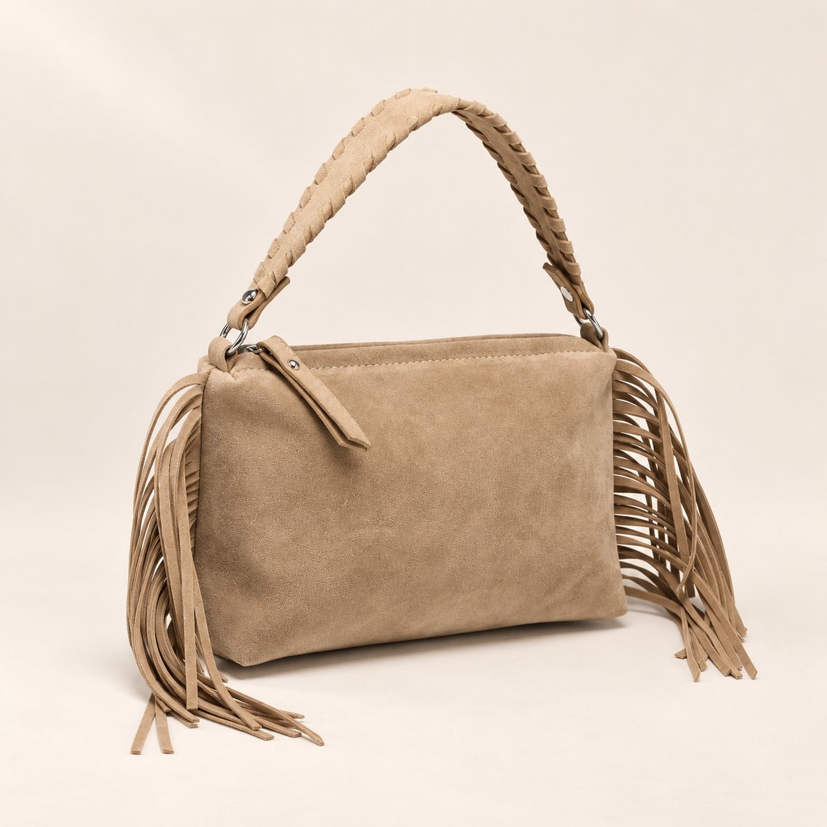 Elodie Khaki Fringe Handbag – Suede-Look Bag with Braided Handle