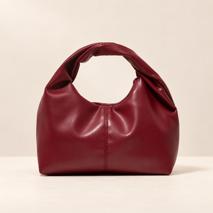 Ruelle burgundy ruched PU top-handle handbag