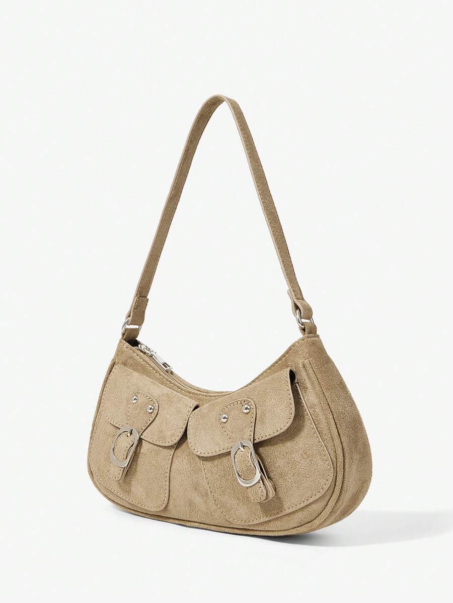 Sabine Khaki Suede-Look Shoulder Bag – Twin Buckle Details — Three-quarter view