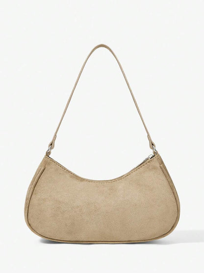 Sabine Khaki Suede-Look Shoulder Bag – Twin Buckle Details — Rear view