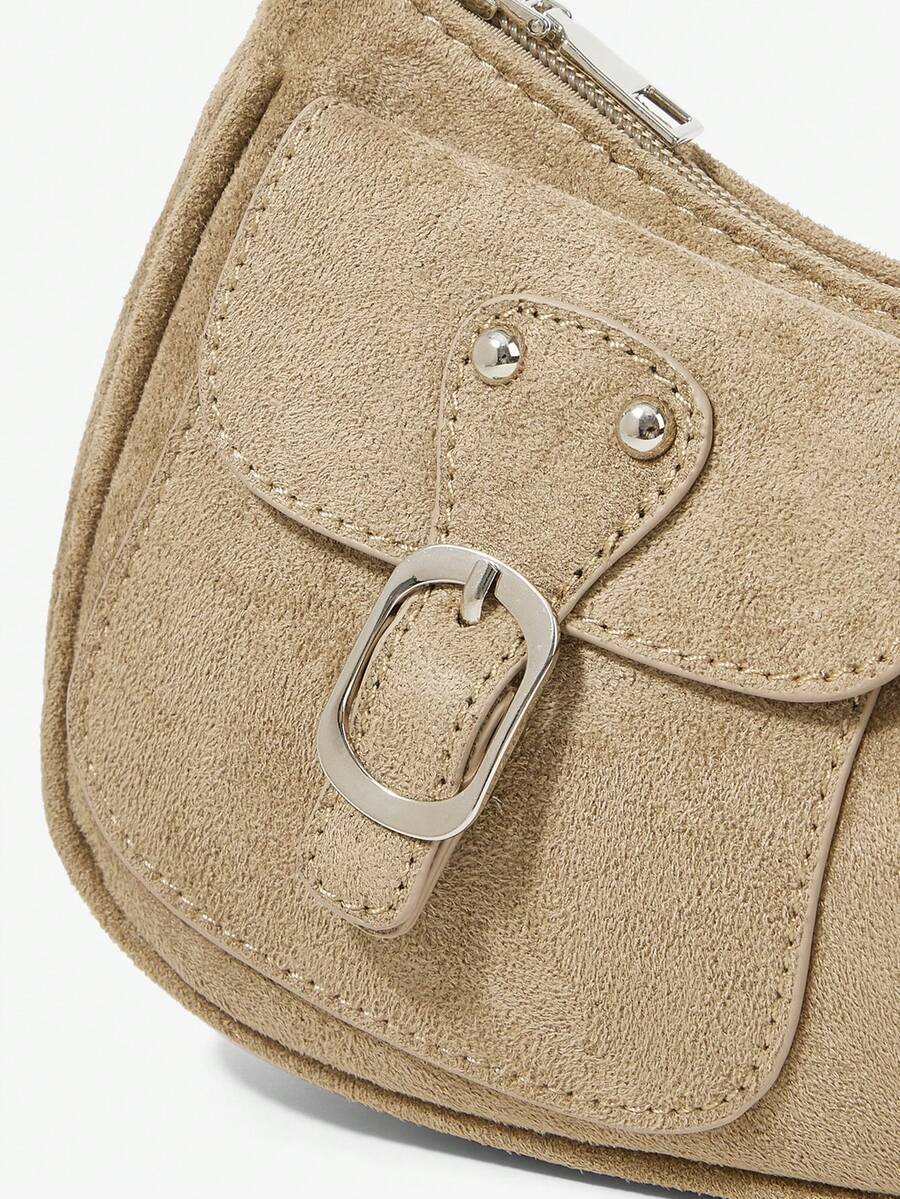 Sabine Khaki Suede-Look Shoulder Bag – Twin Buckle Details — Buckle and fabric detail