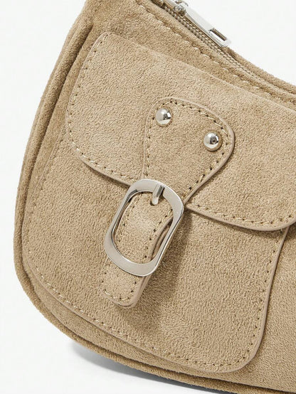 Sabine Khaki Suede-Look Shoulder Bag – Twin Buckle Details — Buckle and fabric detail