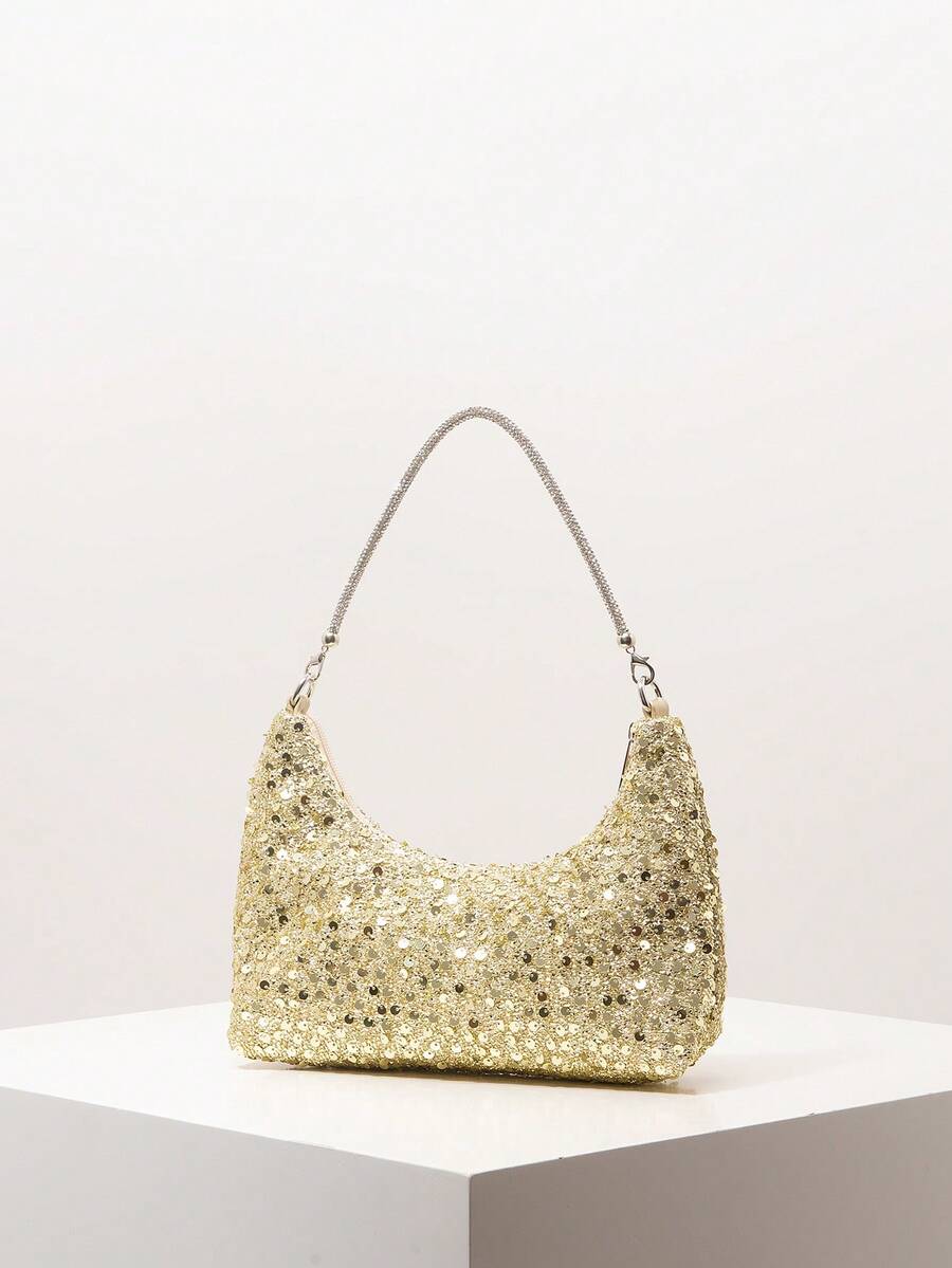 Seraphine Gold Sequin Shoulder Bag – Sparkling Evening Handbag — Straight-on view