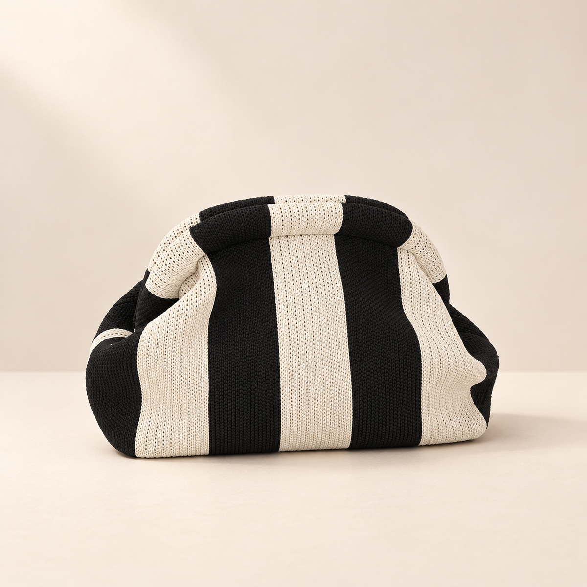 Solena Black & White Knitted Clutch – Striped Chain-Strap Bag