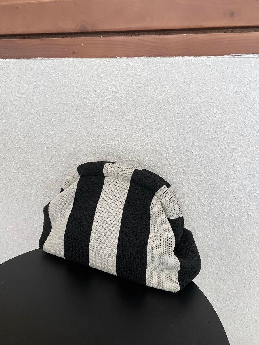Solena Black & White Knitted Clutch – Striped Chain-Strap Bag — Alternate side view