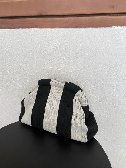 Solena Black & White Knitted Clutch – Striped Chain-Strap Bag — Alternate side view