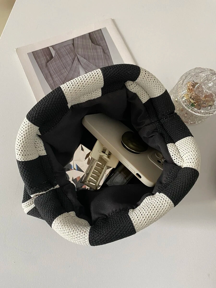 Solena Black & White Knitted Clutch – Striped Chain-Strap Bag — Open interior; accessories not included