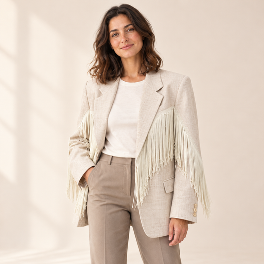 Fringelle Tassel Fringe Blazer — Saint & Rose studio photograph on warm ivory background