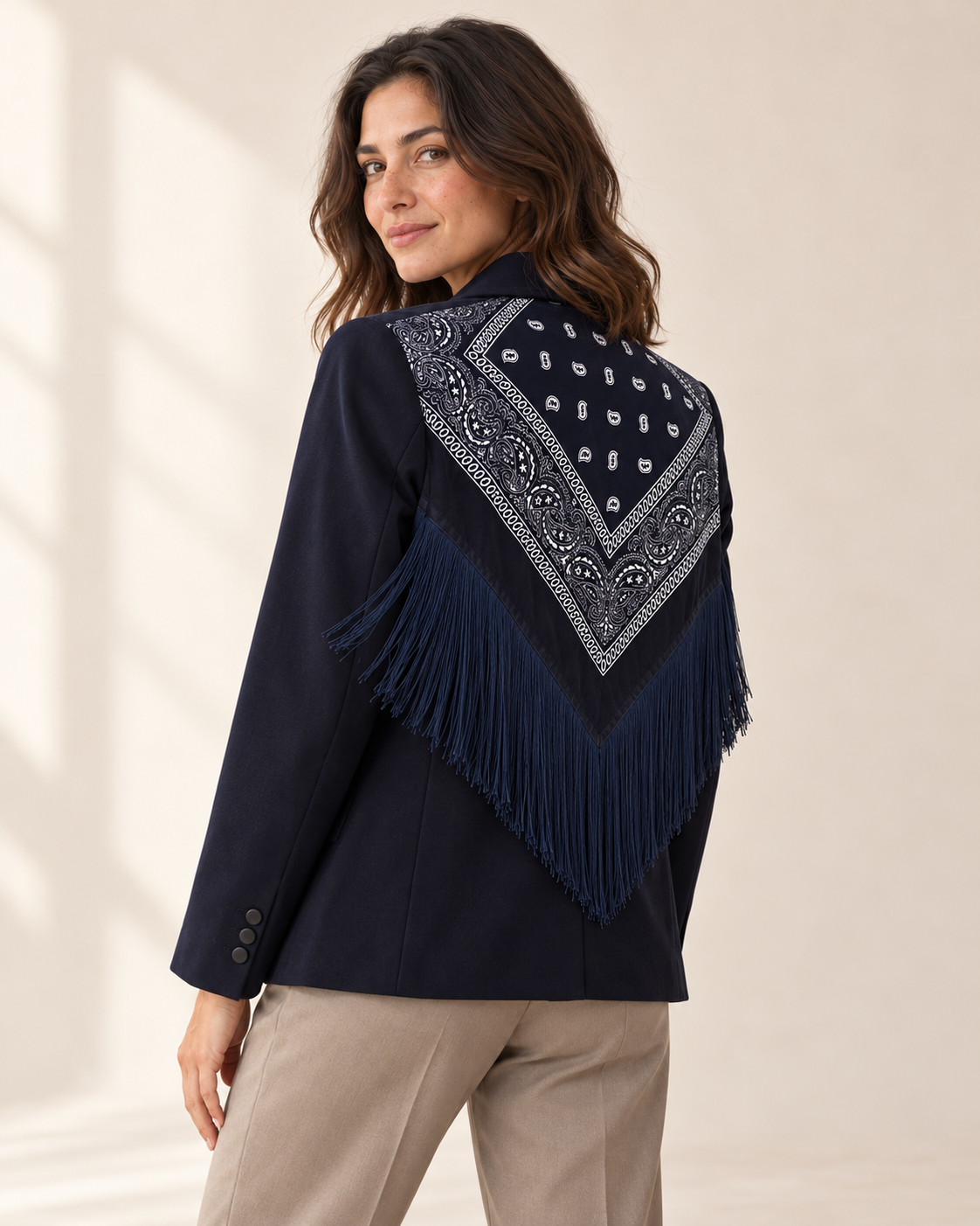 Marvella Printed Tassel Blazer — navy variant on warm ivory background