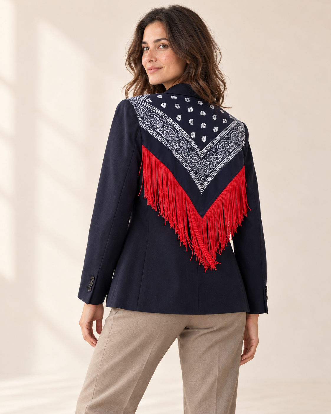 Marvella Printed Tassel Blazer — red variant on warm ivory background