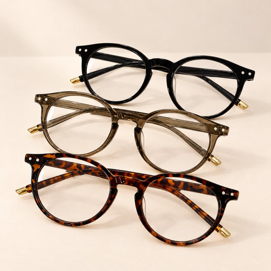 Rivelle Round Blue Light Glasses — Saint & Rose studio photograph on warm ivory background