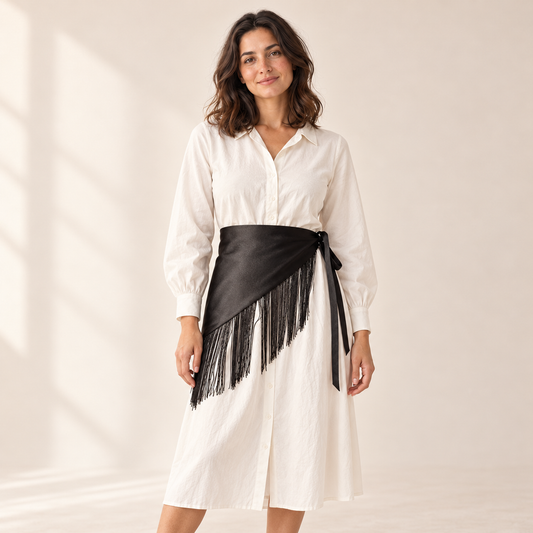 Tasselle Retro Fringe Waist Belt — Saint & Rose studio photograph on warm ivory background
