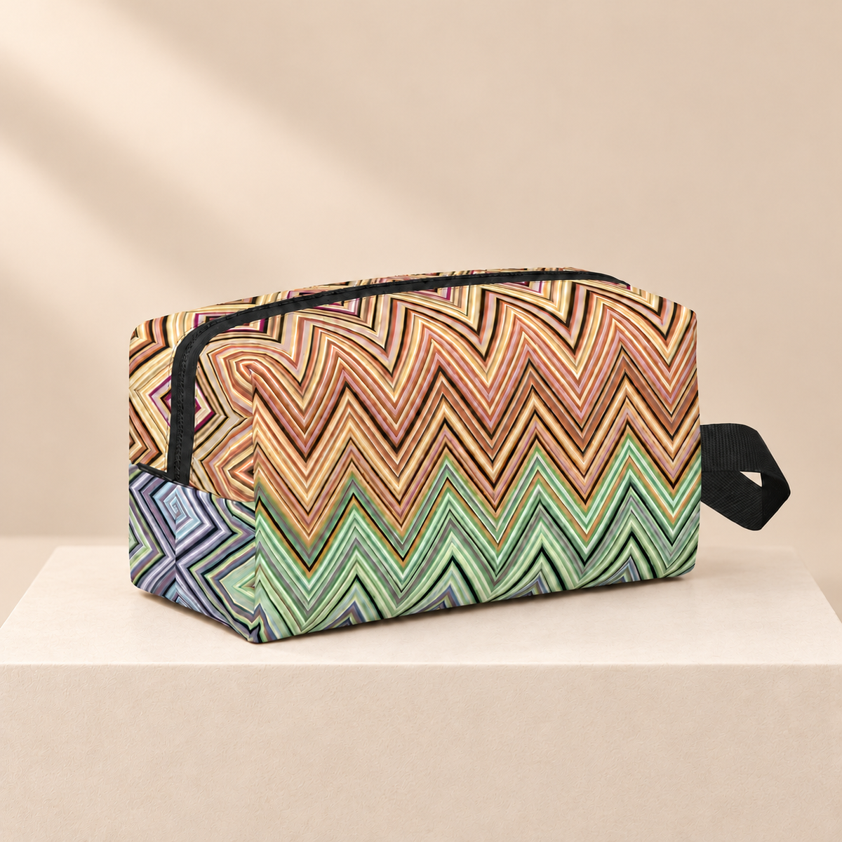 Zivelle Chevron Cosmetic Bag — warm beige studio background
